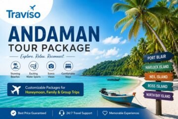 Andaman Tour Package banner by Traviso Travels featuring a tropical beach, palm trees, boats, and popular destinations like Port Blair and Havelock Island.
