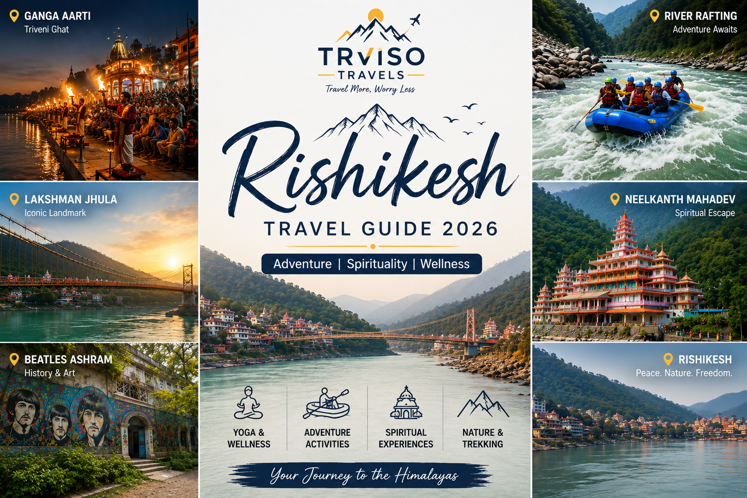 Rishikesh Travel Guide 2026 by Traviso Travels showcasing top attractions, adventure activities, spirituality, and nature experiences.