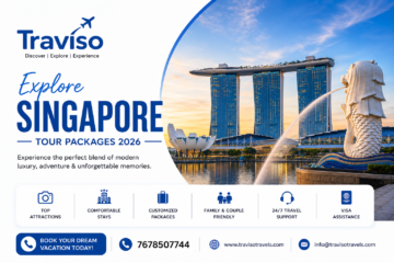 Singapore tour package collage with Marina Bay Sands, Gardens by the Bay, Universal Studios, and Sentosa Island.