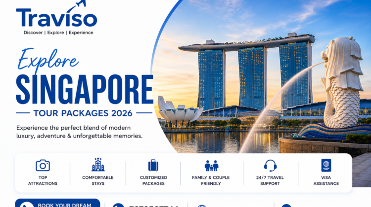 Singapore tour package collage with Marina Bay Sands, Gardens by the Bay, Universal Studios, and Sentosa Island.