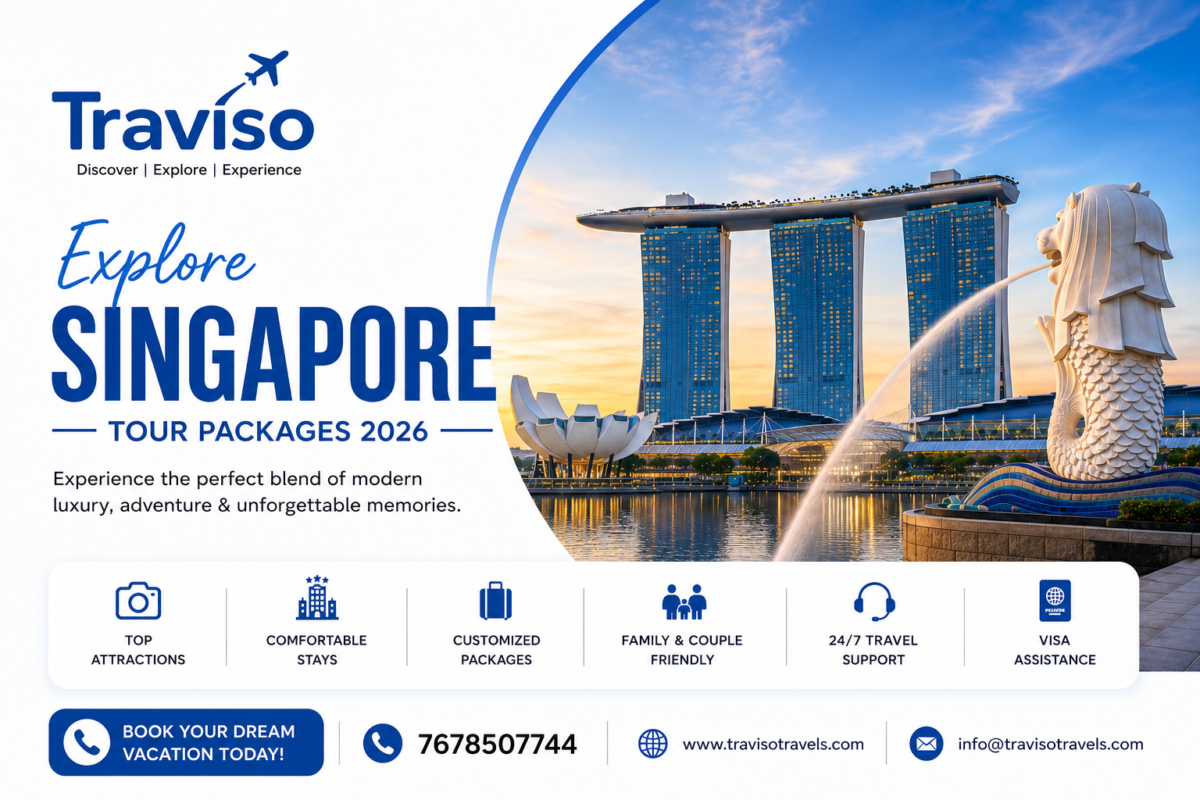 Singapore tour package collage with Marina Bay Sands, Gardens by the Bay, Universal Studios, and Sentosa Island.