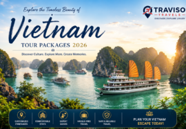 Vietnam Tour Packages 2026 featuring Ha Long Bay cruise, Hanoi city attractions, Da Nang beaches, and cultural experiences by Traviso Travels