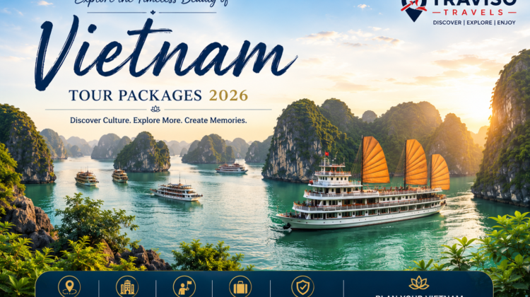 Vietnam Tour Packages 2026 featuring Ha Long Bay cruise, Hanoi city attractions, Da Nang beaches, and cultural experiences by Traviso Travels