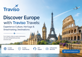 Traviso Travels Europe tour banner featuring the Eiffel Tower, Big Ben, and Colosseum with the tagline Discover Europe with Traviso Travels: Experience Culture, Heritage & Breathtaking Destinations.