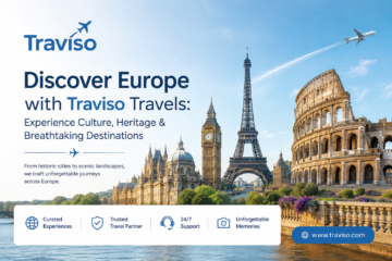 Traviso Travels Europe tour banner featuring the Eiffel Tower, Big Ben, and Colosseum with the tagline Discover Europe with Traviso Travels: Experience Culture, Heritage & Breathtaking Destinations.