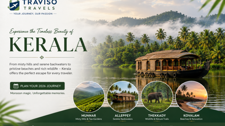 Kerala Tourism 2026 featuring Alleppey houseboat and scenic backwaters by Traviso Travels