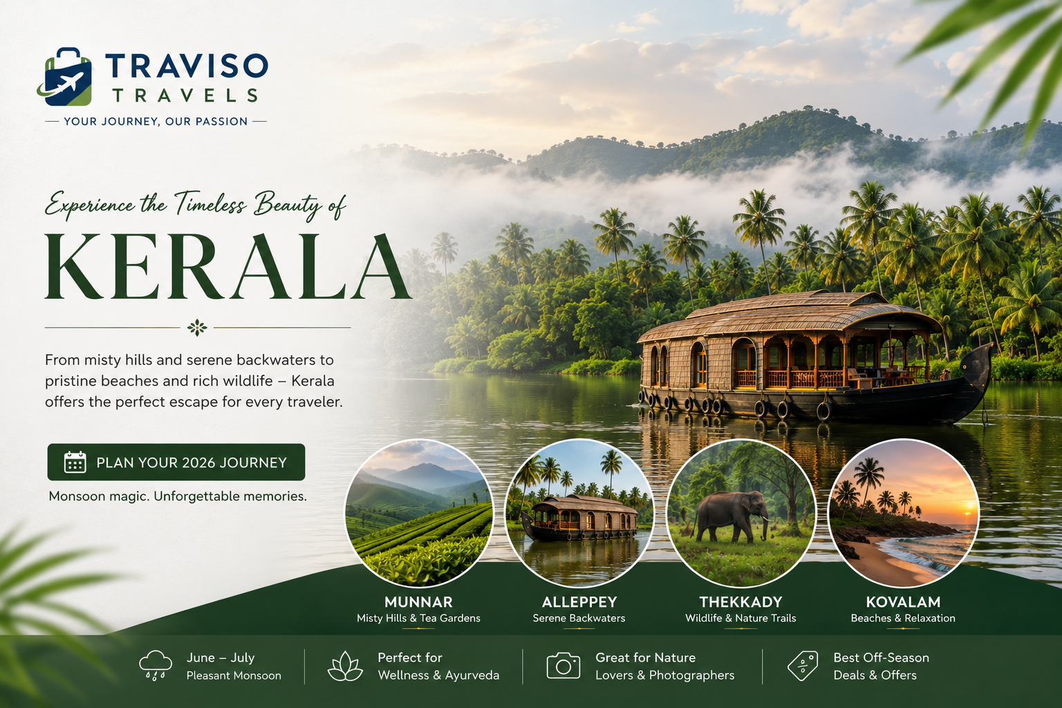 Kerala Tourism 2026 featuring Alleppey houseboat and scenic backwaters by Traviso Travels