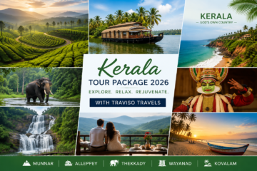 Kerala Tour Package 2026 by Traviso Travels featuring Munnar tea gardens, Alleppey houseboats, Thekkady wildlife, Wayanad waterfalls, and Kovalam beach.