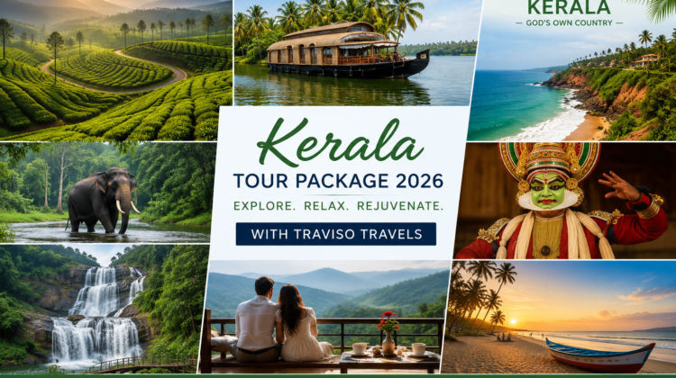 Kerala Tour Package 2026 by Traviso Travels featuring Munnar tea gardens, Alleppey houseboats, Thekkady wildlife, Wayanad waterfalls, and Kovalam beach.