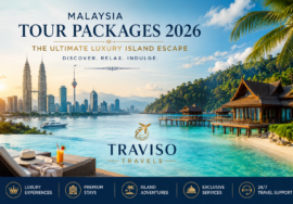 Luxury Malaysia Tour Packages 2026 with tropical island resorts, turquoise waters, and Kuala Lumpur skyline by Traviso Travels.