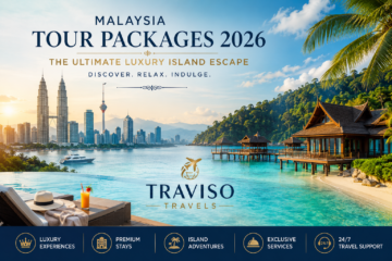 Luxury Malaysia Tour Packages 2026 with tropical island resorts, turquoise waters, and Kuala Lumpur skyline by Traviso Travels.