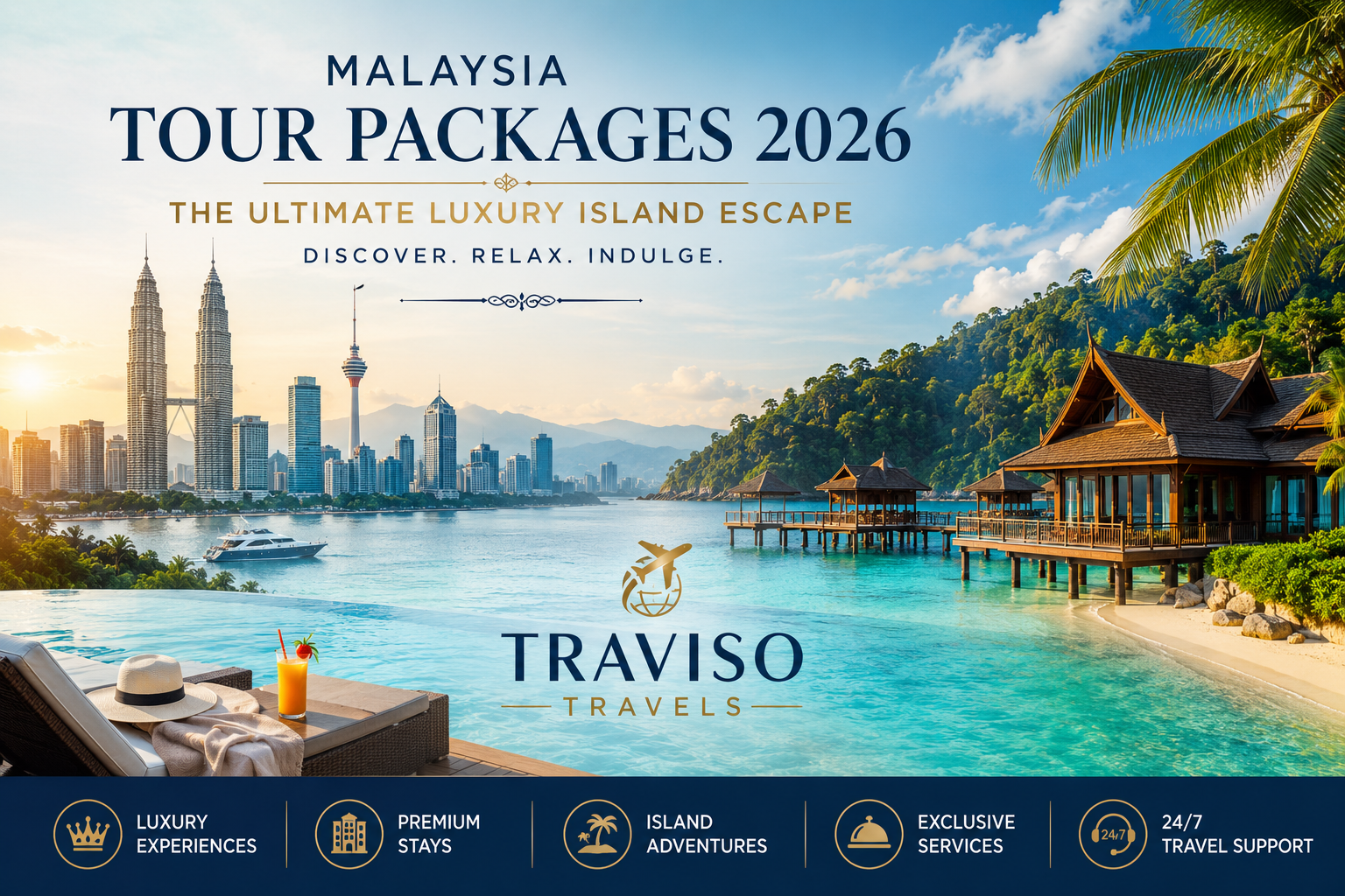 Luxury Malaysia Tour Packages 2026 with tropical island resorts, turquoise waters, and Kuala Lumpur skyline by Traviso Travels.