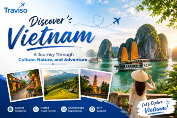Traviso Vietnam travel poster featuring Ha Long Bay, boats, nature, and adventure theme.