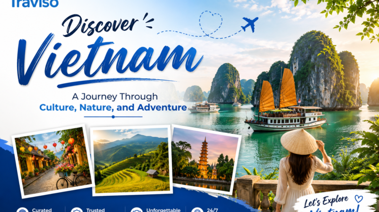 Traviso Vietnam travel poster featuring Ha Long Bay, boats, nature, and adventure theme.