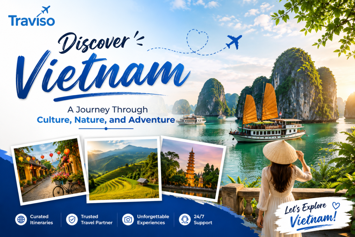 Traviso Vietnam travel poster featuring Ha Long Bay, boats, nature, and adventure theme.